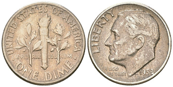 США 10 центов (дайм) 1952 президент Рузвельт KM 195 серебро 4549-823