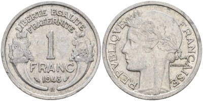 Франция 1 франк 1948 B KM 885a.2 алюминий 4142-1011