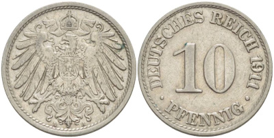 Германия 10 пфеннигов 1911 A KM 12, Jager 13, Weege 8 медно-никель 219-213