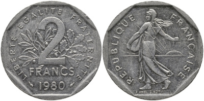ФРАНЦИЯ 2 ФРАНКА 1980 СЕЯТЕЛЬ KM 942.1, LE FRANC 272.4 никель 65-1026