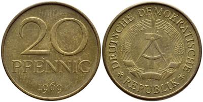 ГДР 20 пфеннигов 1969 A, первый год KM 11 латунь 4398-755