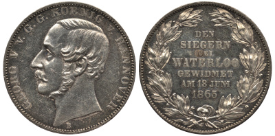 Брауншвейг-Каленберг-Ганновер 1 талер 1865 50 лет битве при Ватерлоо, монета для ветеранов KM 241, AKS. 160, Dav. 684, Kahnt 240, Thun 176 серебро 00-817-67