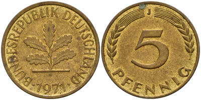 ФРГ 5 пфеннигов 1971 J J.382, KM 107 сталь плакированная латунью    4598-952
