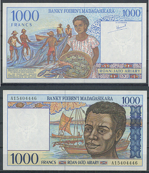 Мадагаскар 1000 франков = 200 ариари ND (1994) Pick 76 a бумага UNC (пресс) 7553-8-4-1