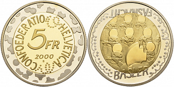 Швейцария 5 франков 2000 Карнавал в Базеле KM 89 биметалл PROOF 1087-3-53