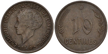 Люксембург 10 сантимов 1930 Шарлотта (1918-1964) KM 41 бронза 4577-644