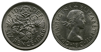 Великобритания 6 пенсов 1966 Елизавета II (1952-2022) KM 903, Spink 4149 медно-никель 4381-845