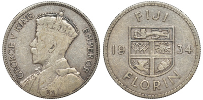 Фиджи 1 флорин 1934 Георг V (1910-1936), герб Фиджи KM 5 серебро    91-1114