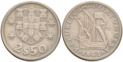 Португалия 2,5 эскудо 1963 парусник KM 590 медно-никель 75-1146