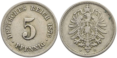 ГЕРМАНИЯ 5 ПФЕННИГОВ 1876 J, СТАРОГЕРБОВКА KM 3, Jager 3, Weege 5 медно-никель 4546-1047