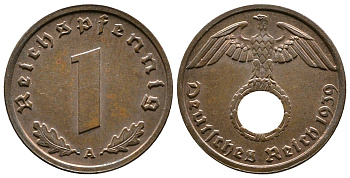 Германия 1 рейхспфенниг 1939 A KM 89, J. 361 бронза    220-361