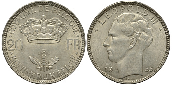 Бельгия 20 франков 1935 Леопольд III (1934-1950), BELGIЕ KM 105 серебро 114-843