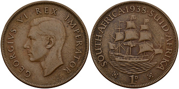 ЮАР 1 пенни 1938 Георг VI (1937-1952) KM 25 бронза 38-745
