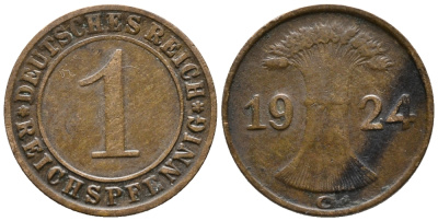 ГЕРМАНИЯ 1 РЕЙХСПФЕННИГ 1924 G KM 37, J. 313 бронза 39-855