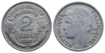 Франция 2 франка 1948 KM 886a.1 алюминий 261-722