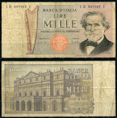 Италия 1000 лир 1971 Джузеппе Верди, Милин Ла Скала Pick 101b бумага 8614-80-2-2