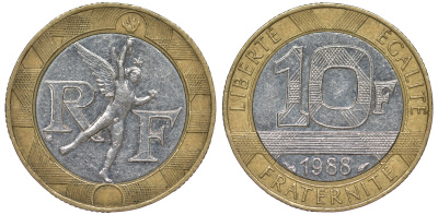 Франция 10 франков 1988 тип Гений Бастилии KM 964.1, Le Frank 375.2 биметалл 45-534