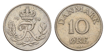 Дания 10 эре 1954 N; S, Фредерик IX (1947-1972) KM 841 медно-никель 4611-616