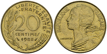 Франция 20 сантимов 1988 тип Marianne KM 930 медь алюминий никель 4135-632