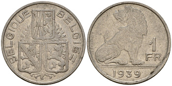 Бельгия 1 франк 1939 Belgique - Belgie KM 119 никель 4603-1223