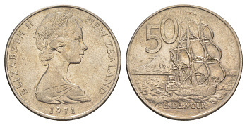 Новая Зеландия 50 центов 1971 Елизавета II (1952-2022), парусник Индевор KM 37 медно-никель 84-1042