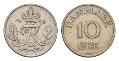 Дания 10 эре 1954 N; S, Фредерик IX (1947-1972) KM 841 медно-никель 4611-616