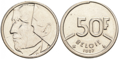 БЕЛЬГИЯ 50 ФРАНКОВ 1987 BELGIE, БОДУЭН I (1951-1993) KM 169 никель 68-251