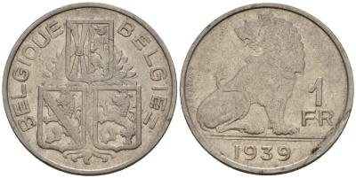 Бельгия 1 франк 1939 Belgique - Belgie KM 119 никель 4603-1223
