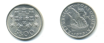 ПОРТУГАЛИЯ 5 ЭСКУДО 1979 ПАРУСНИК KM 591 медно-никель 80-426