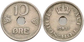 Норвегия 10 эре 1937 Хокон VII (1905-1957) KM 383 медно-никель 4152-453