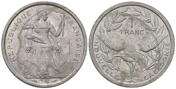 Французская Новая Каледония 1 франк 1981 птица кагу, (IEOM) KM 10, Schoen 10, Lec 44 алюминий    51-1855