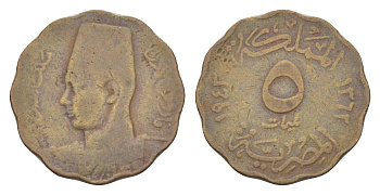 Египет 5 миллимов 1943 АН 1362, Фарук I KM 360 бронза 4620-735