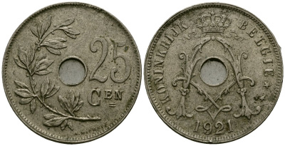 Бельгия 25 сантимов 1921 Belgie KM 69 медно-никель 4165-814