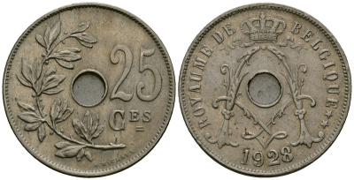 Бельгия 25 сантимов 1928 Belgique KM 68 медно-никель 4165-545