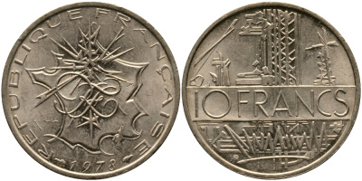 Франция 10 франков 1979 тип Матье KM 940, Le Franc 365.13-14 никель латунь 98-712