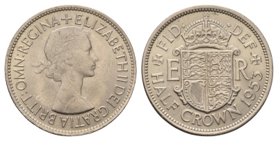 Великобритания 1/2 кроны 1953 Елизавета II (1952-2022), год-тип KM 893, Spink 4137 медно-никель aUNC 270-322