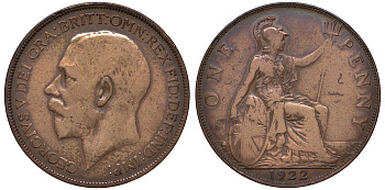 Великобритания 1 пенни 1922 Георг V (1910-1936) KM 810, Spink 4051 бронза 4131-412