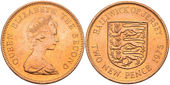 Джерси 2 пенса 1975 герб, Елизавета II (1952-2022) KM 31 бронза UNC 4367-422