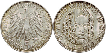 ФРГ 5 марок 1966 D, 250 лет со дня смерти Готфрида Вильгельма Лейбница J. 394, KM 119.1 серебро aUNC 1529-133