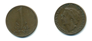 Нидерланды 1 цент 1948 Вильгельмина (1890-1948), год тип KM 175 бронза 54-1115
