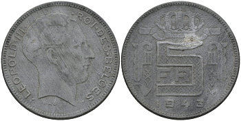 Бельгия 5 франков 1943 BELGES, Леопольд III (1934-1947) KM 129.1 цинк 4579-252