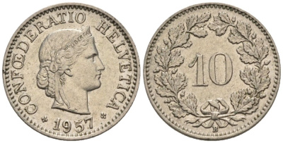 Швейцария 10 раппенов 1957 В KM 27 медно-никель 4576-947