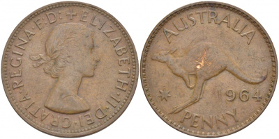 АВСТРАЛИЯ 1 ПЕННИ 1964 m, ЕЛИЗАВЕТА II (1953-), КЕНГУРУ KM 56 бронза 3457-112