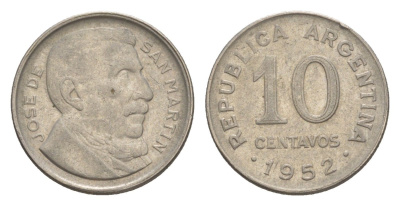 Аргентина 10 сентаво 1952 KM 47 медно-никель 4636-317