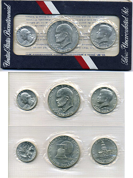 США набор из 3 монет 1976 S, 200 лет подписания Декларации независимости (1776-1976), буклет, запайка KM серебро UNC 00-00