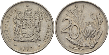 ЮАР 20 ЦЕНТОВ 1972 ГЕРБ, ЦВЕТОК ПРОТЕЯ KM 85 никель 67-446