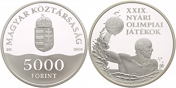 Венгрия 5000 форинтов 2008 Олимпийские игры, водное поло, тираж 14000 экземпляров KM 808 серебро PROOF 1088-3-53