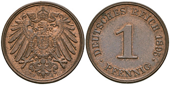 Германия 1 пфенниг 1895 J, Вильгельм II (1888-1918) KM 10, J. 10 медь 4608-623