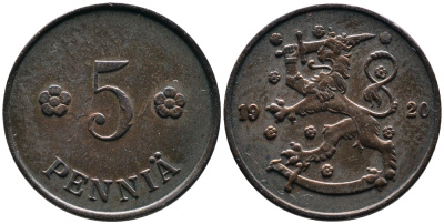 Финляндия 5 пенни 1920 KM 22 медь 4387-425