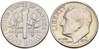 США 10 ЦЕНТОВ = 1 ДАЙМ 1973 D, РУЗВЕЛЬТ KM 195a медь плакированная медно-никелем 187-1049
